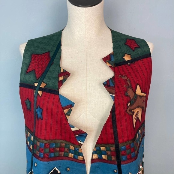 Handmade Applique Embroidered Christmas Vest Folk Art Santa Reindeer Village M - Picture 2 of 12